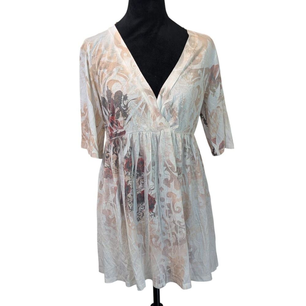 Suki Jones XL Boho Babydoll Tunic Top Low V-Neck Y2K 70s Revival